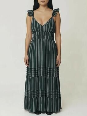 MAX+ASH Maxi Dress Women S Green Stripe Smocked Tiered Ruffle Sleeve